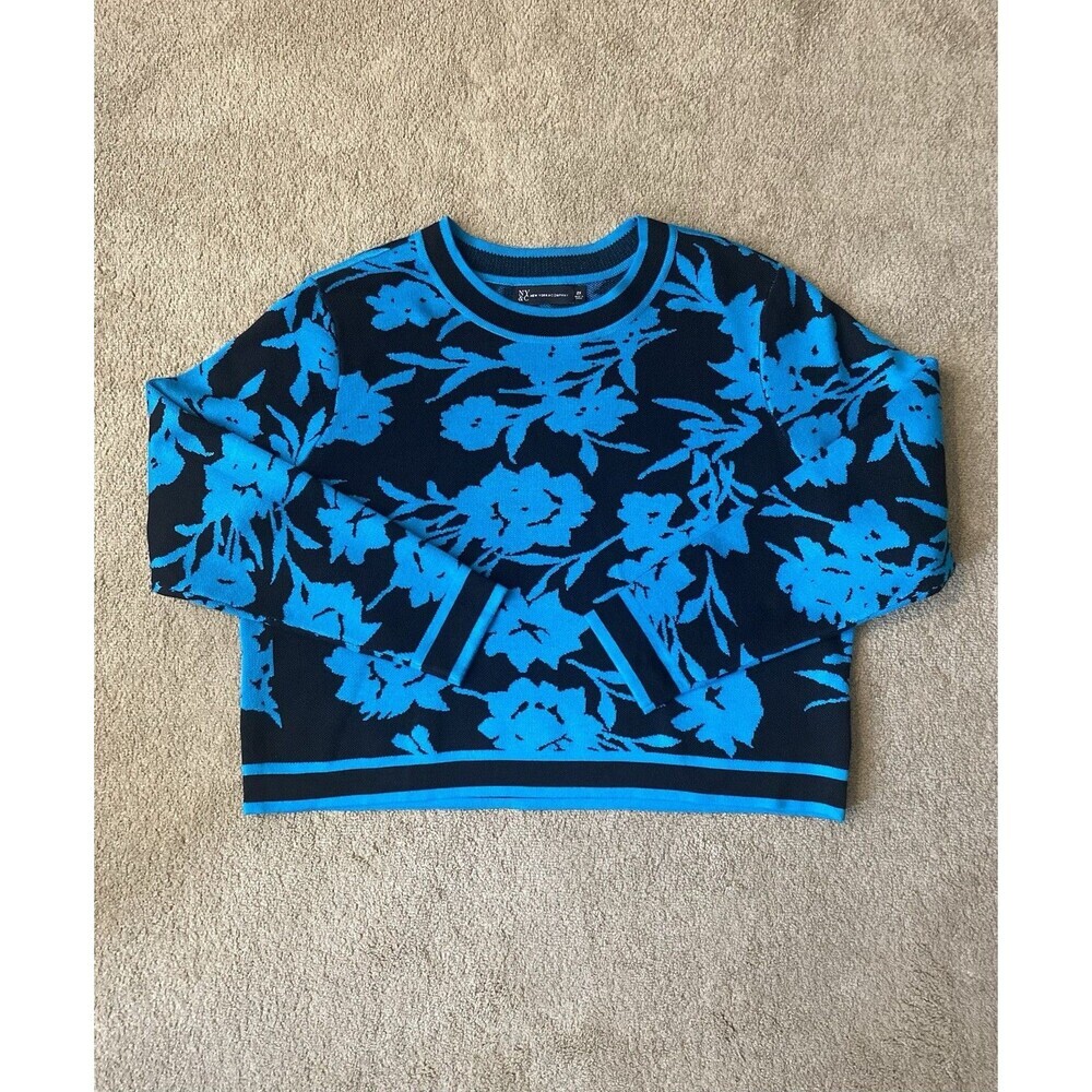 New York & Company Blue Black Floral Print Classic Staple Sweater Size 2X - Picture 2 of 10